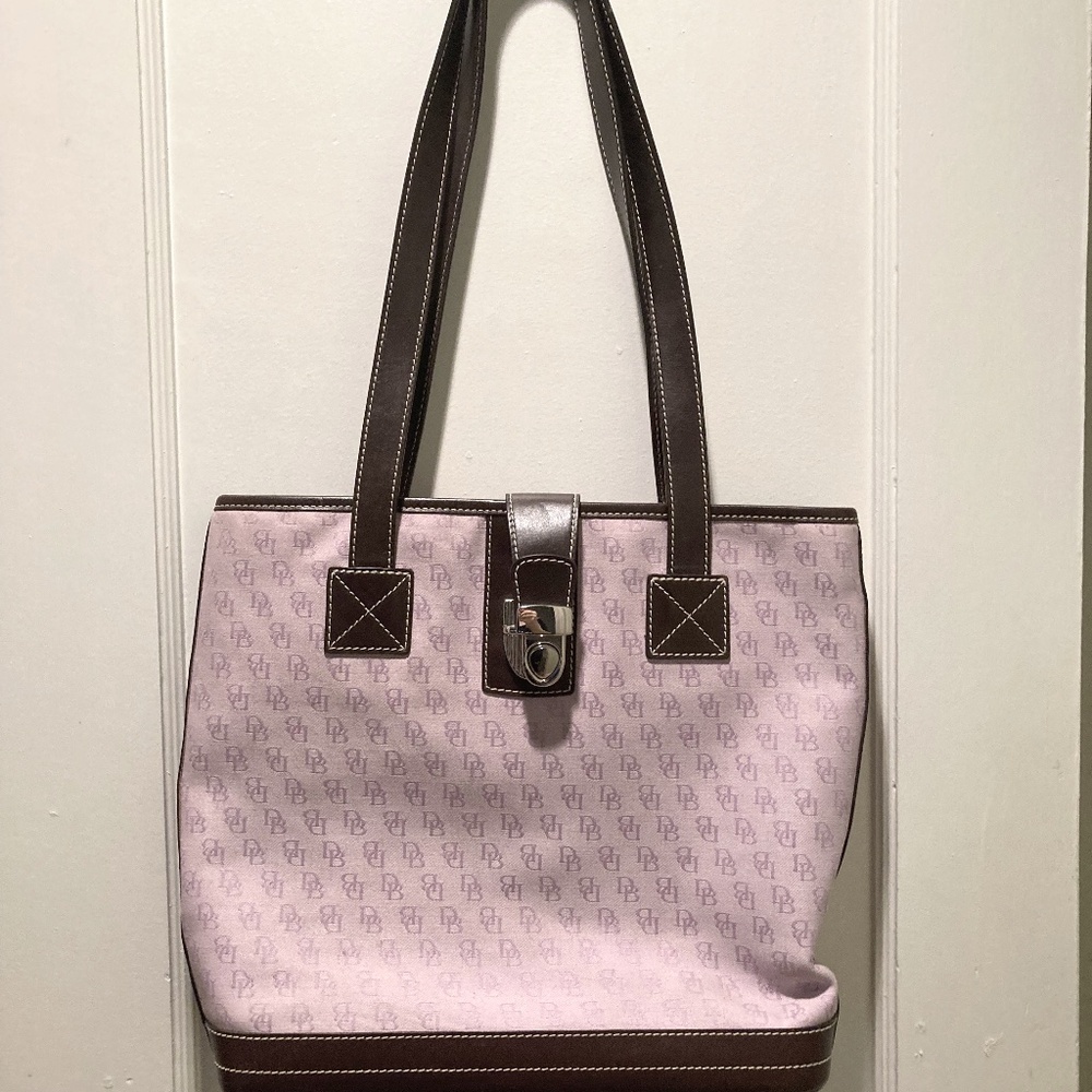 Dooney and Bourke structured lavender and dark brown large laptop-sized tote